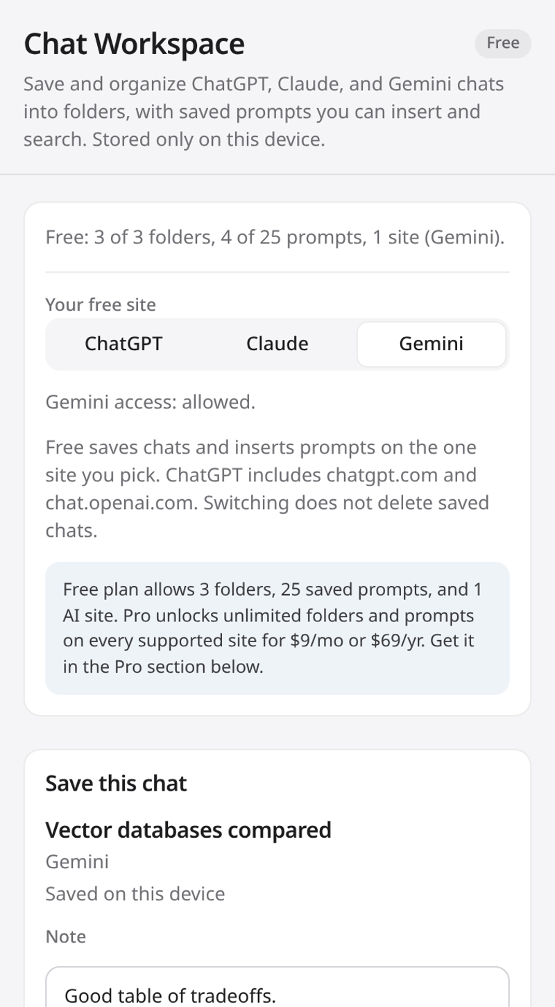 The Chat Workspace side panel with the free site picker set to Gemini, the plan limits, and the Save this chat form.